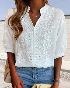 Blouse with V-Neck and Puff Sleeves with Lace Trim