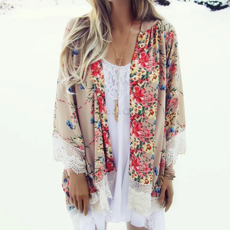 Blouses Floral Pattern Printed Lace Cardigan Fashion Women Blouse Shirt Batwing Sleeve