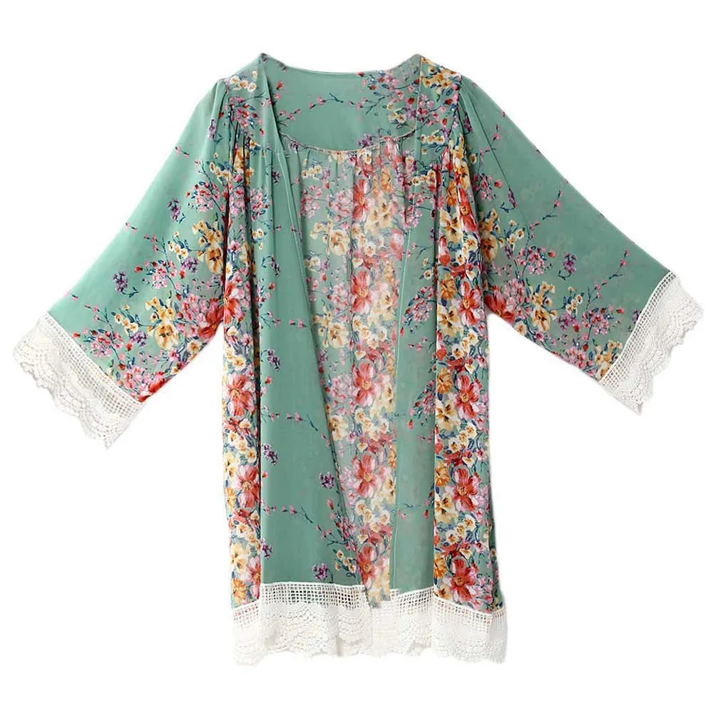 Blouses Floral Pattern Printed Lace Cardigan Fashion Women Blouse Shirt Batwing Sleeve