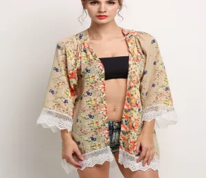 Blouses Floral Pattern Printed Lace Cardigan Fashion Women Blouse Shirt Batwing Sleeve