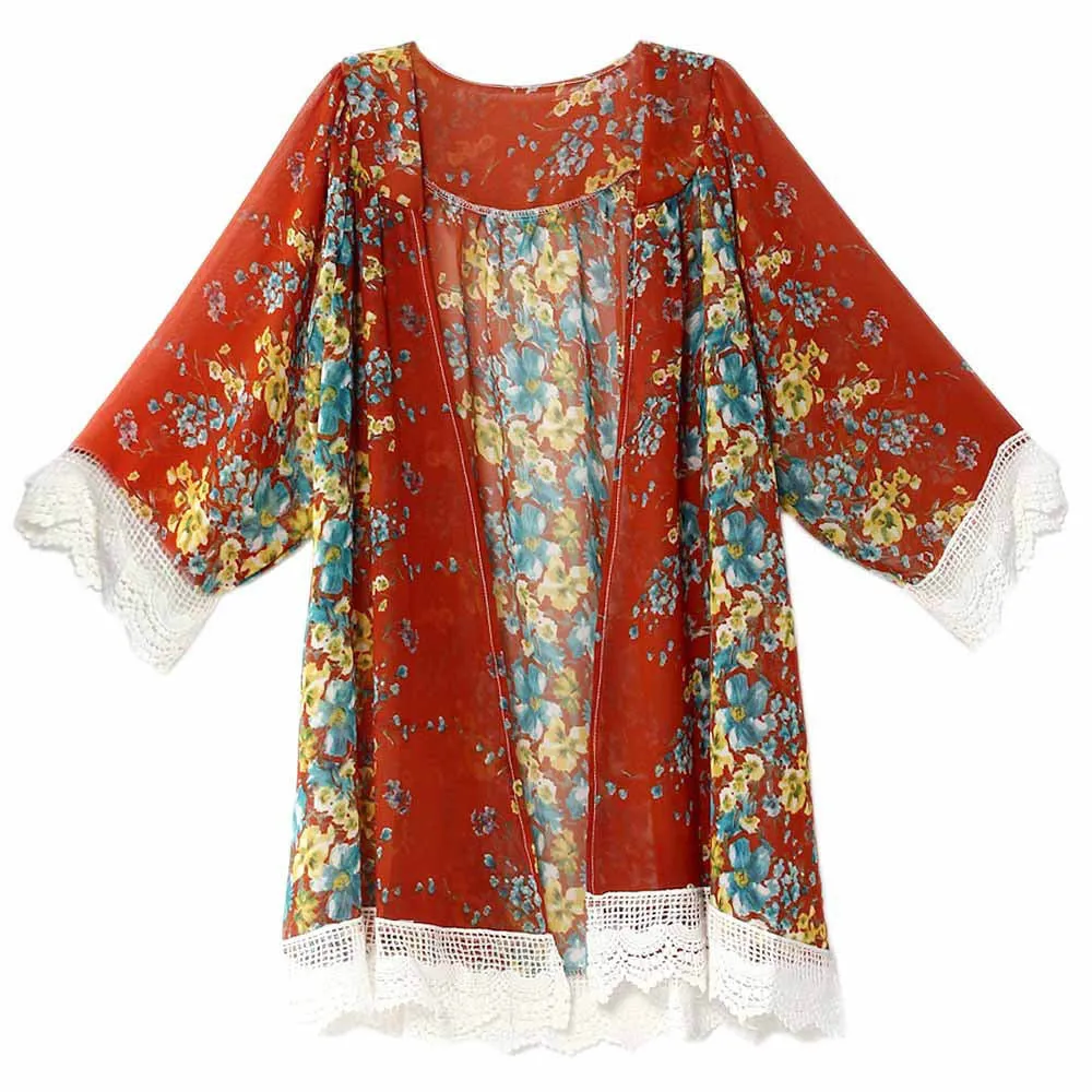 Blouses Floral Pattern Printed Lace Cardigan Fashion Women Blouse Shirt Batwing Sleeve