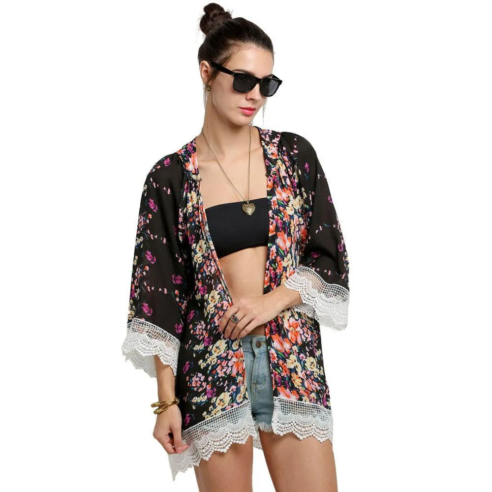 Blouses Floral Pattern Printed Lace Cardigan Fashion Women Blouse Shirt Batwing Sleeve