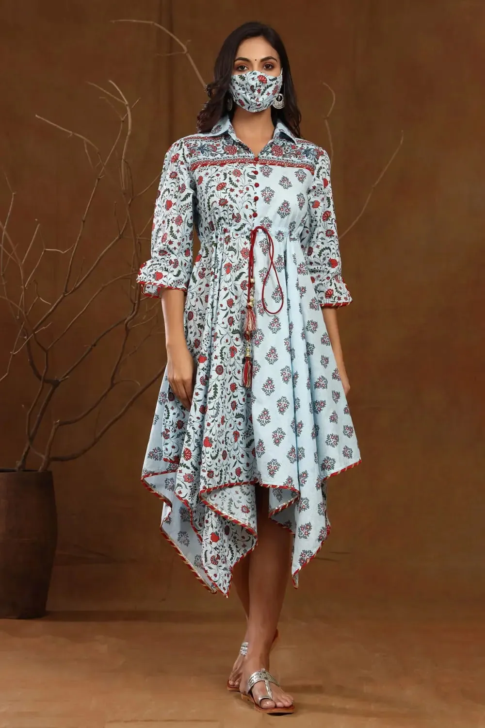 Blue Cambric Floral Print Asymmetric Dress With Mask