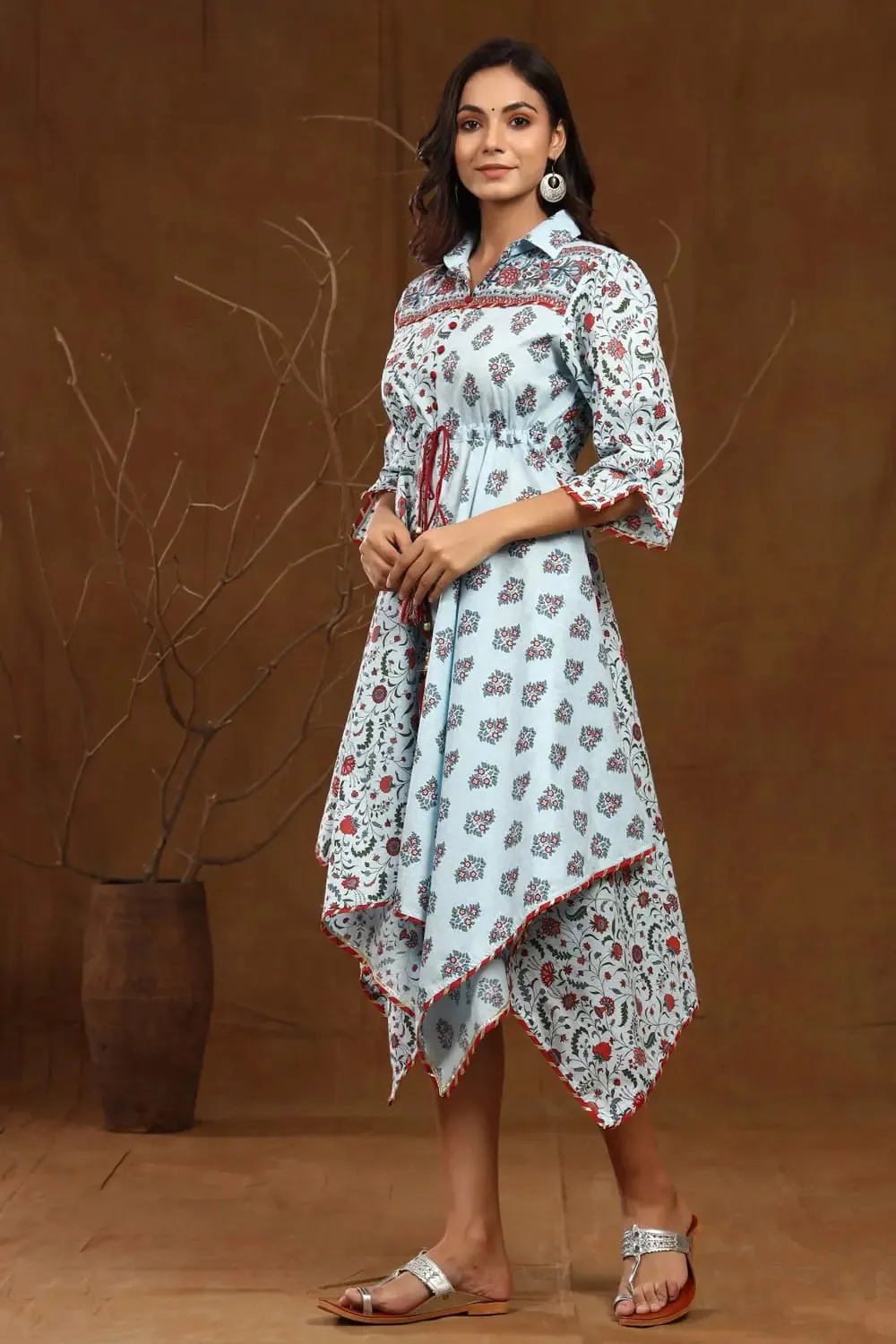 Blue Cambric Floral Print Asymmetric Dress With Mask