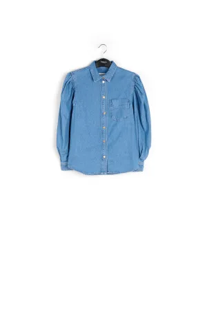 Blue denim shirt with puff sleeves