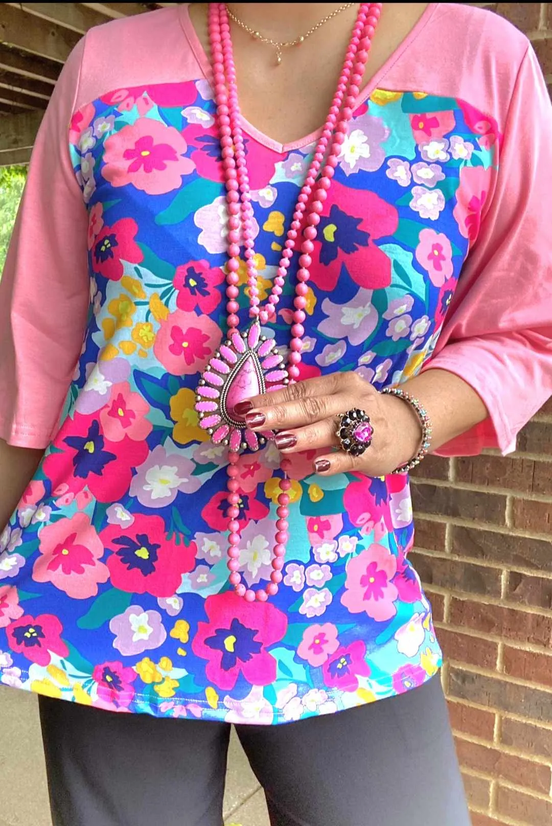 Blue Floral top with pink bell sleeves