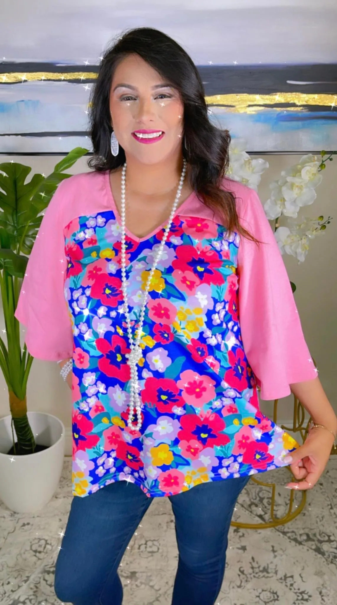 Blue Floral top with pink bell sleeves