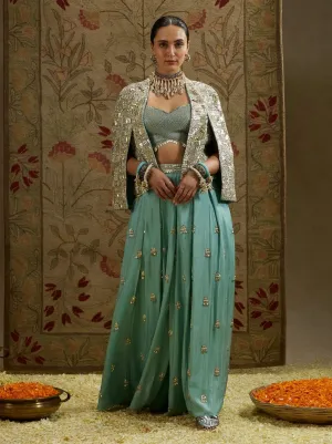 Blue metallic cape jacket and pleated pant set
