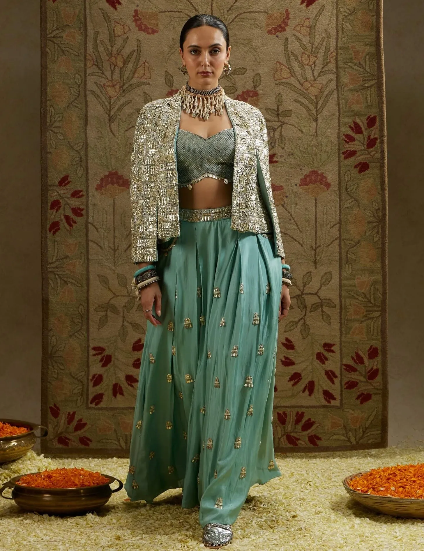 Blue metallic cape jacket and pleated pant set