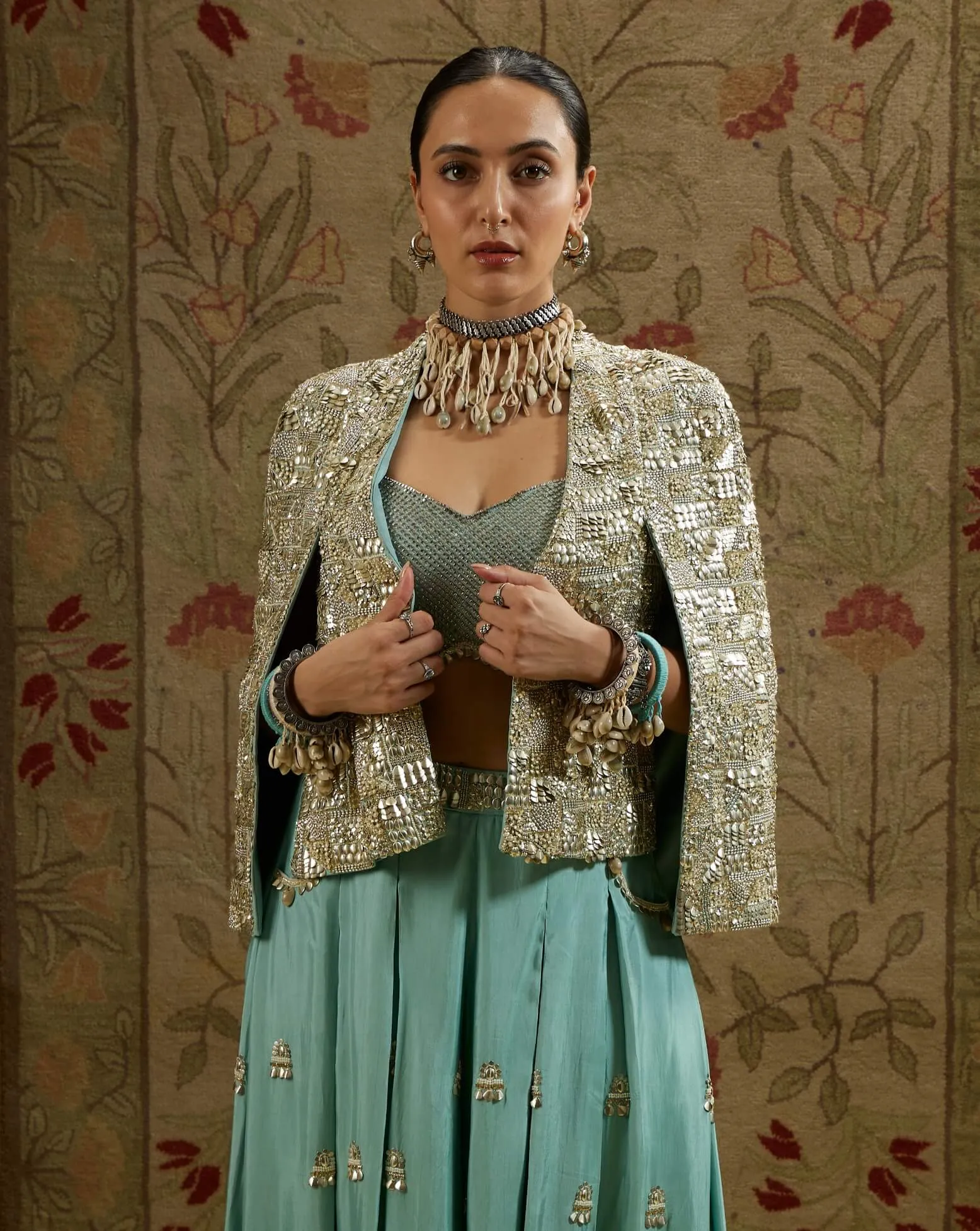 Blue metallic cape jacket and pleated pant set
