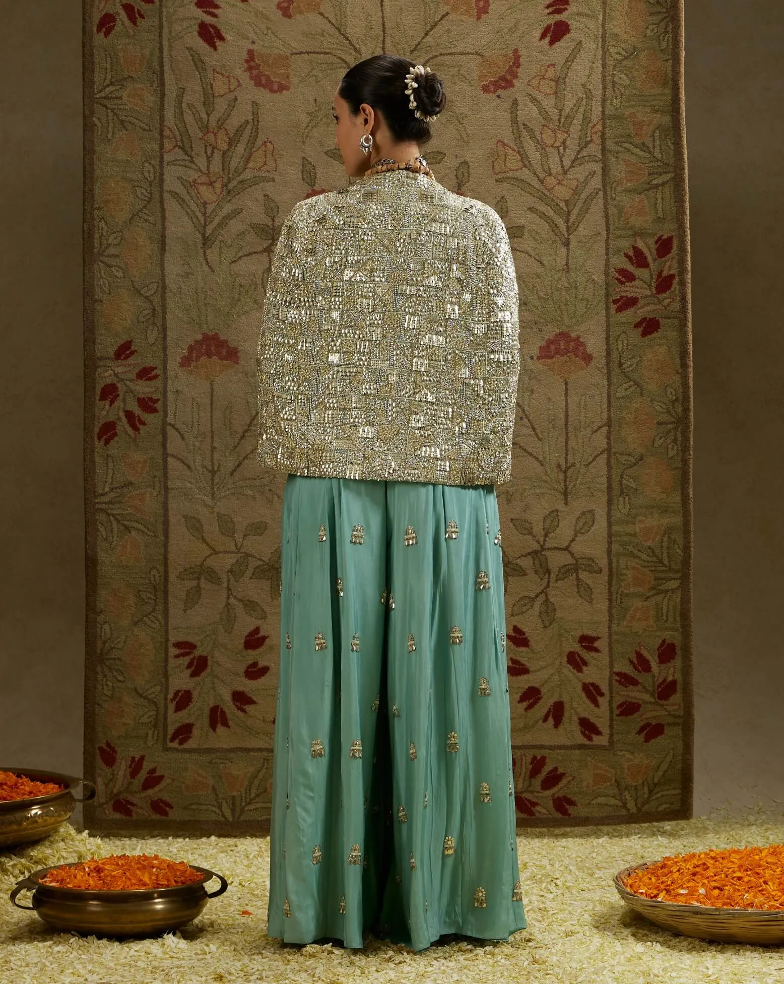 Blue metallic cape jacket and pleated pant set