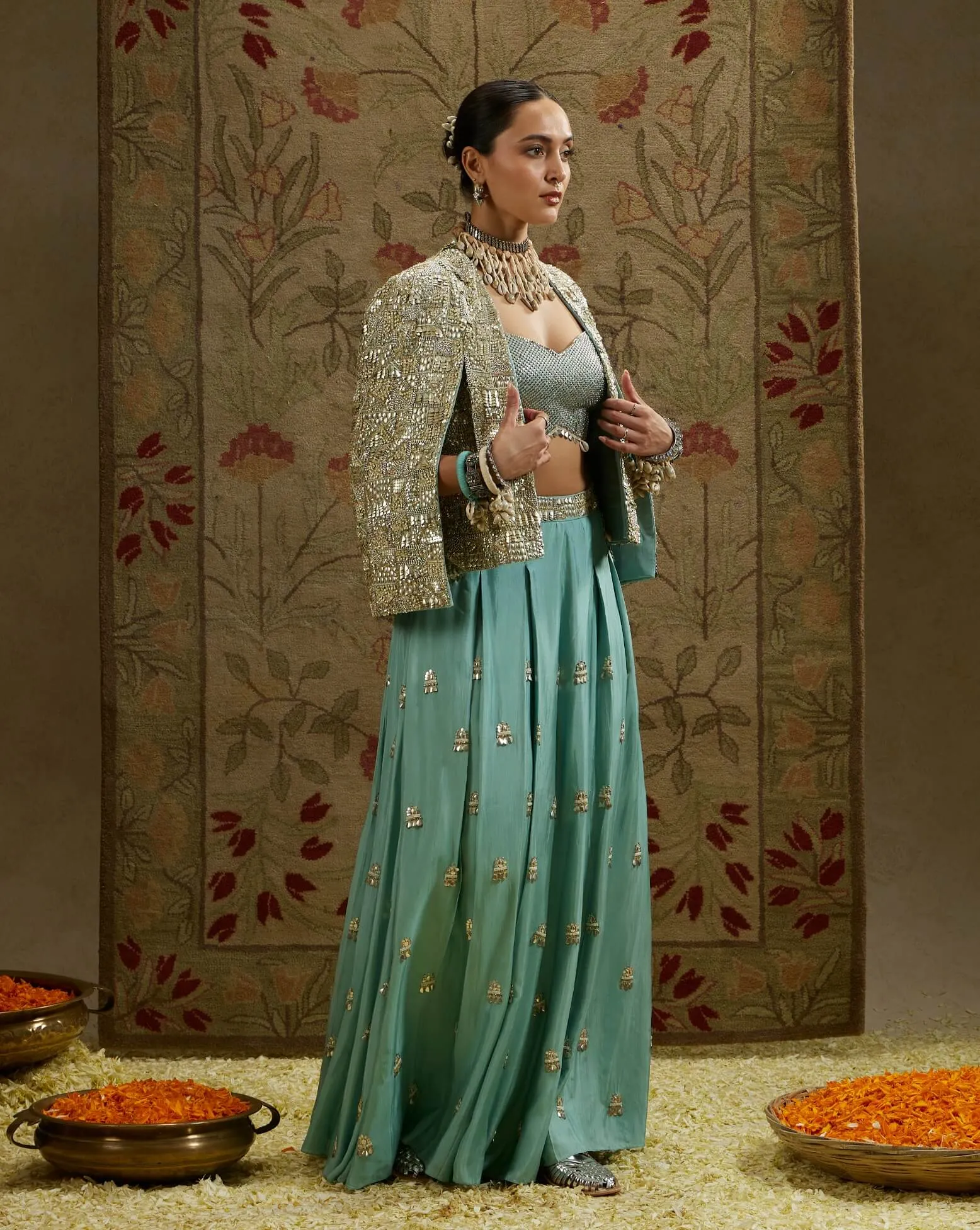 Blue metallic cape jacket and pleated pant set