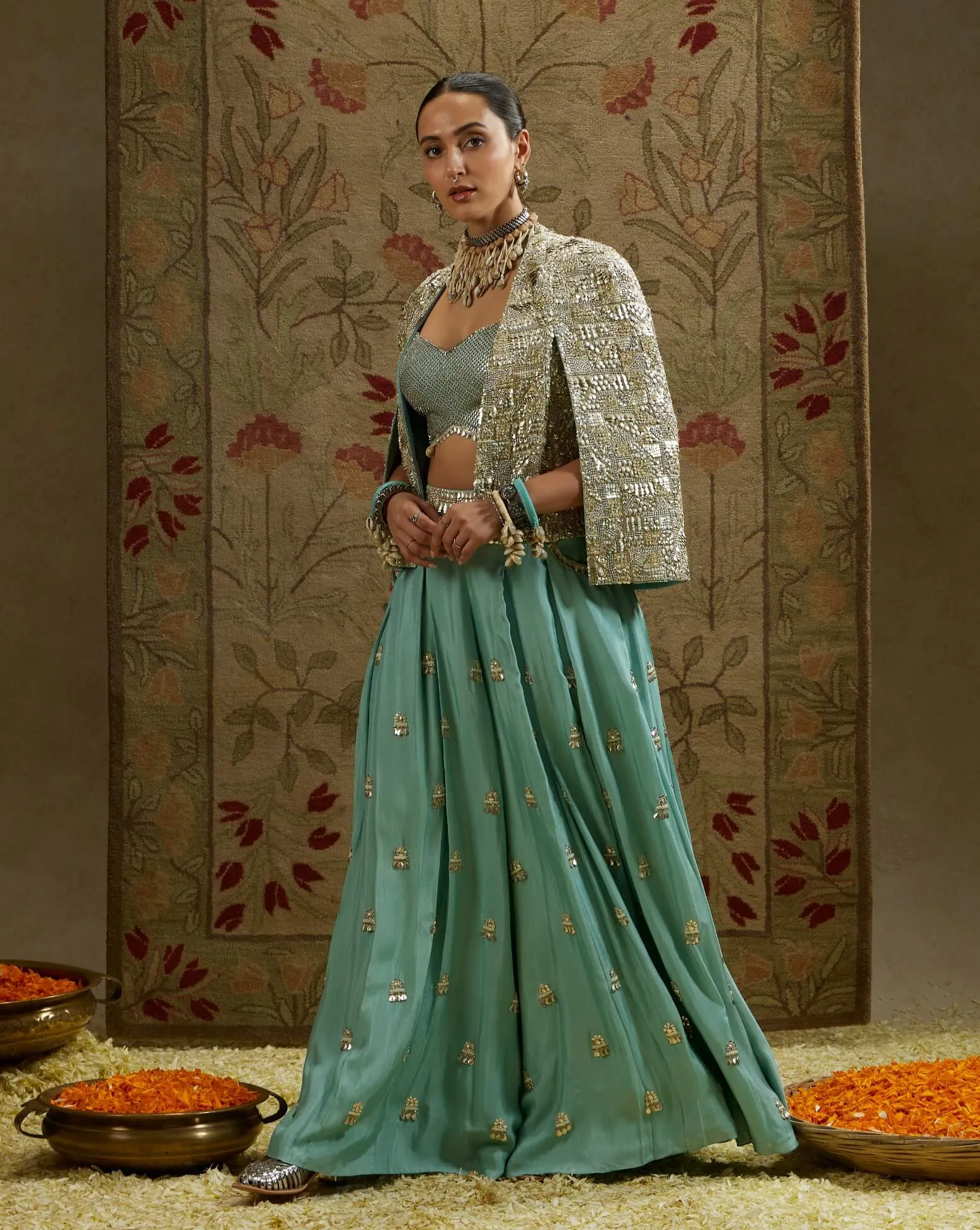 Blue metallic cape jacket and pleated pant set
