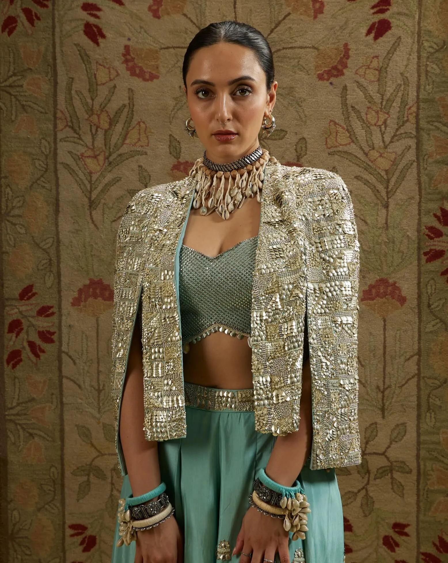 Blue metallic cape jacket and pleated pant set