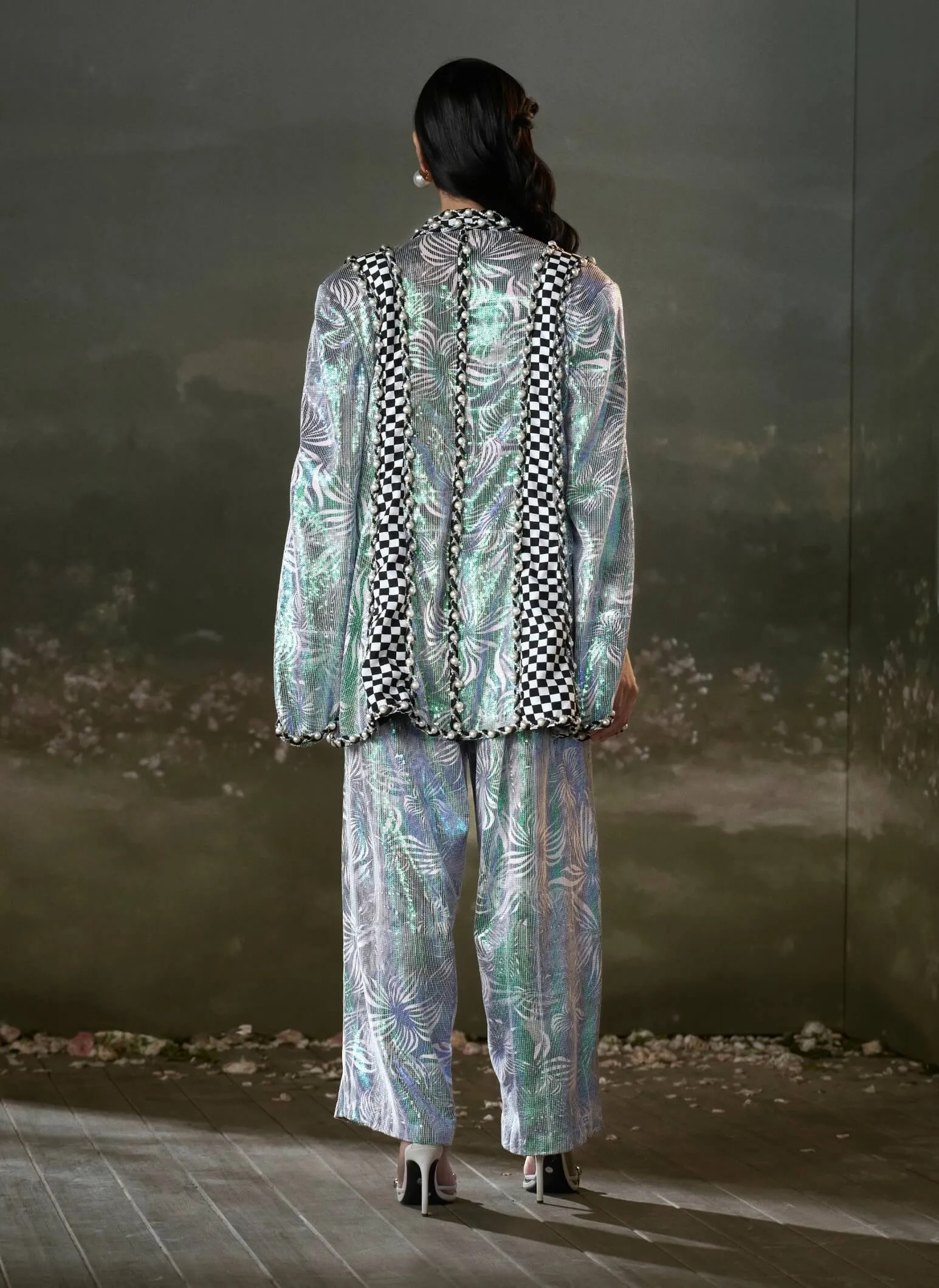 Blue metallic jacket and trouser set