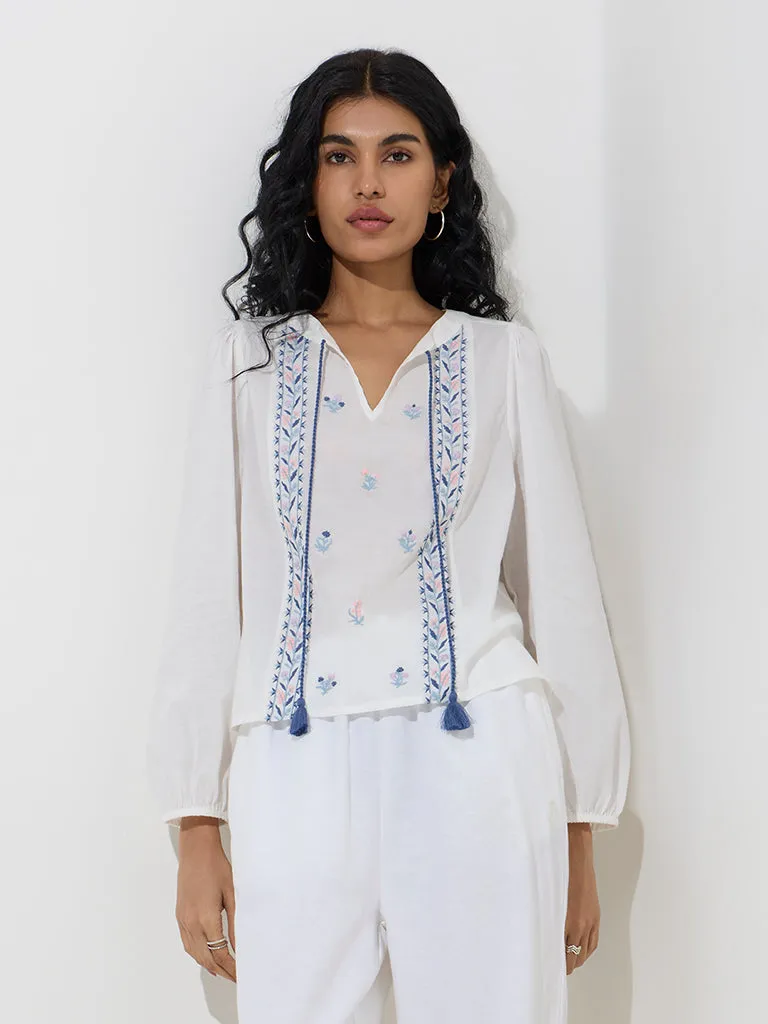 Bombay Paisley Ivory Floral Embroidered Cotton Blouse