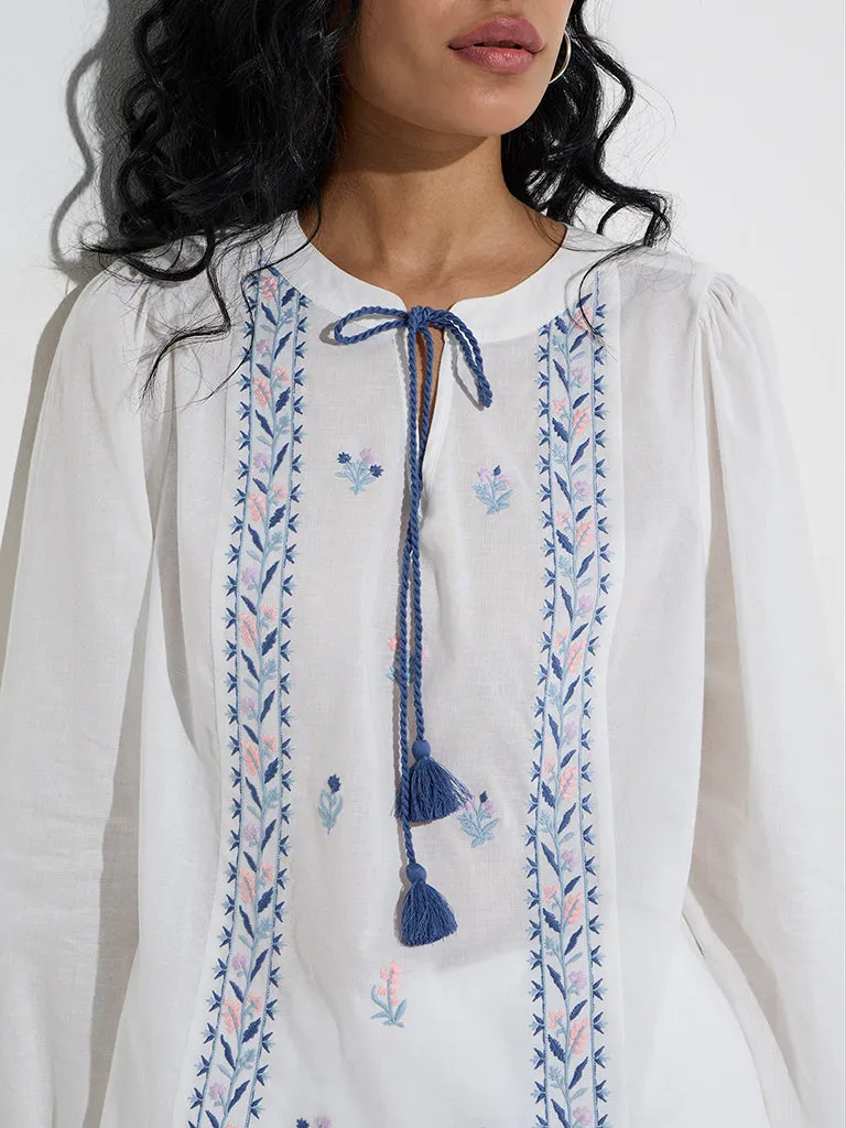 Bombay Paisley Ivory Floral Embroidered Cotton Blouse