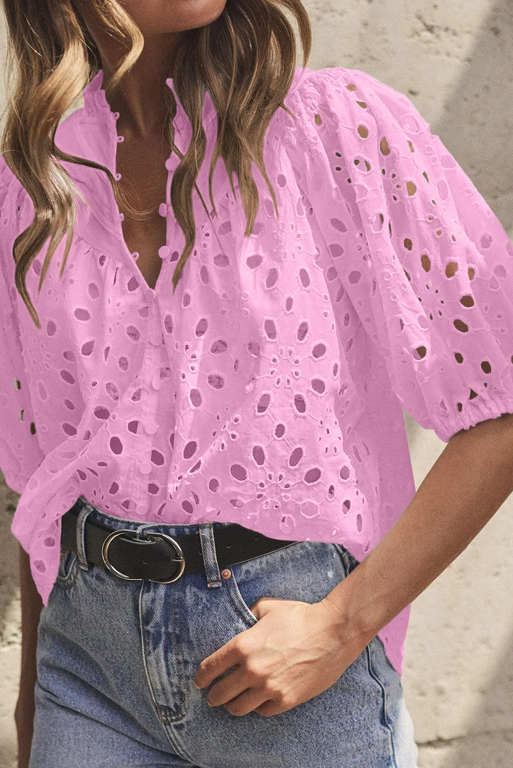 Bonbon Flower Embroidered Hollow-out Puff Sleeve Blouse