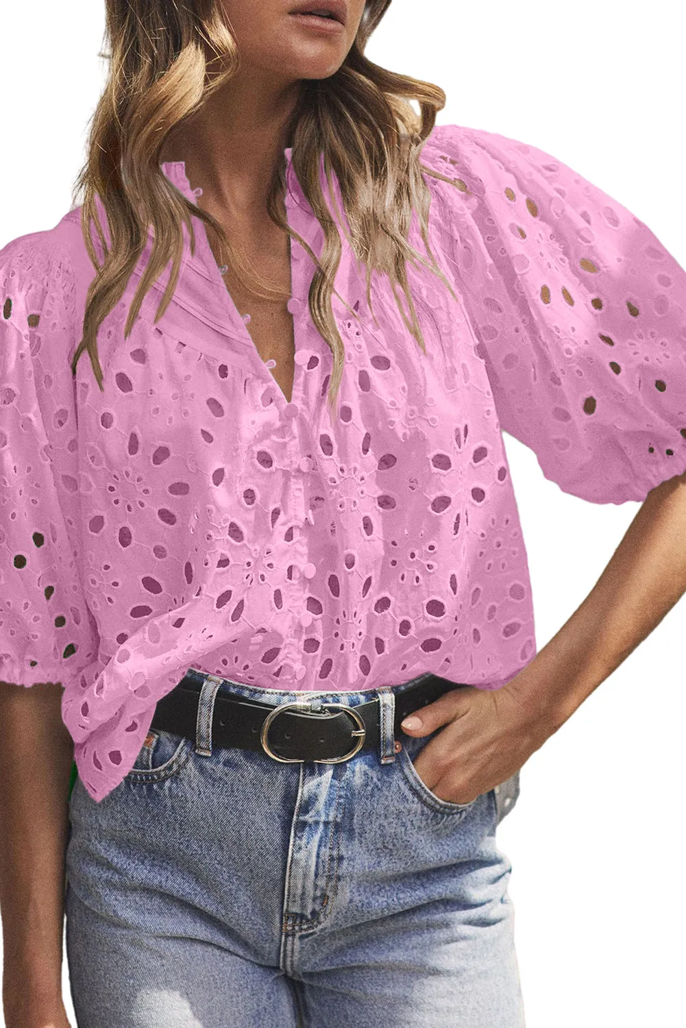 Bonbon Flower Embroidered Hollow-out Puff Sleeve Blouse