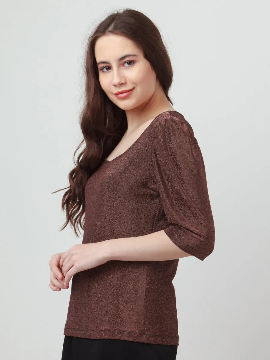 Brown Shimmer Puff Sleeve Top