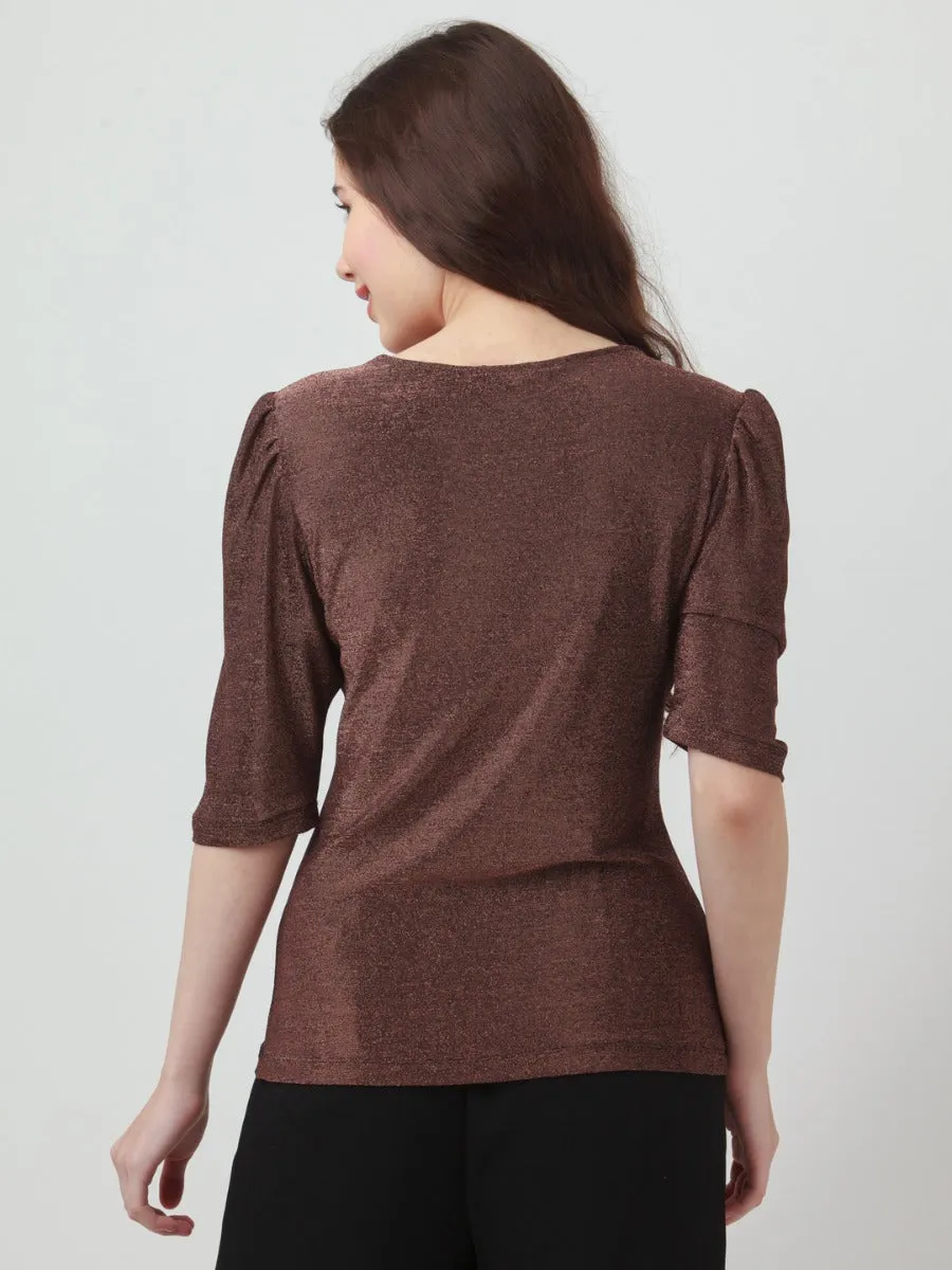Brown Shimmer Puff Sleeve Top