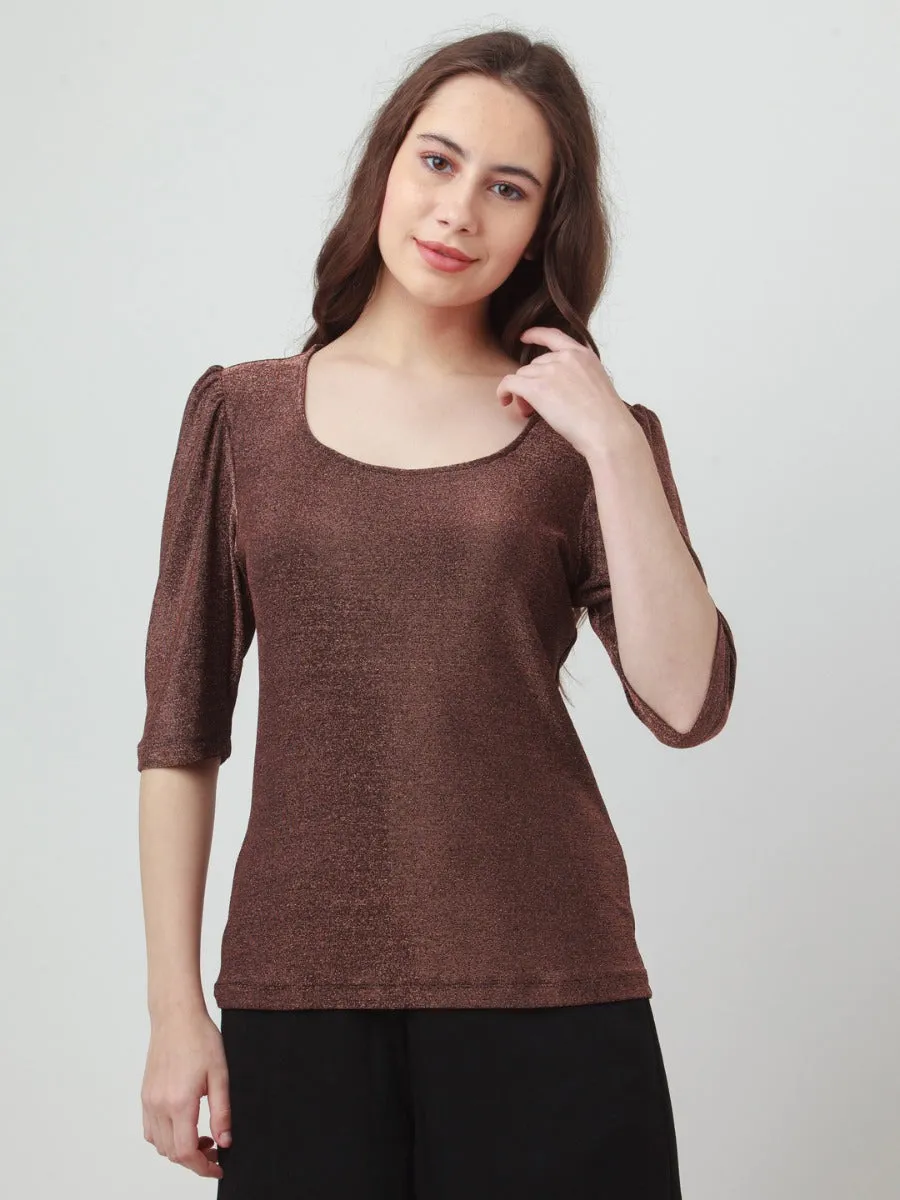 Brown Shimmer Puff Sleeve Top
