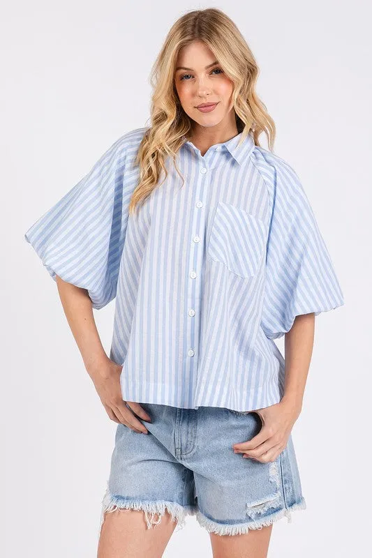 Button Down Striped Puff Sleeve Shirt For Women – Fashionable Puff Sleeve Top with Classic Vertical Stripes and Tailored Structure