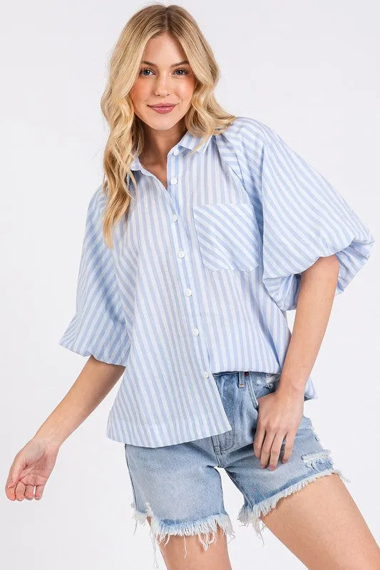 Button Down Striped Puff Sleeve Shirt For Women – Fashionable Puff Sleeve Top with Classic Vertical Stripes and Tailored Structure