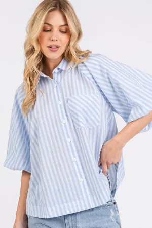 Button Down Striped Puff Sleeve Shirt For Women – Fashionable Puff Sleeve Top with Classic Vertical Stripes and Tailored Structure