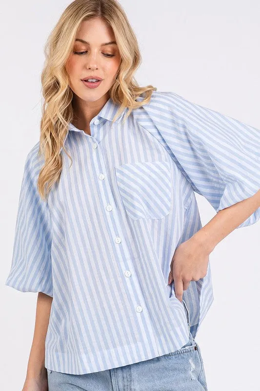 Button Down Striped Puff Sleeve Shirt For Women – Fashionable Puff Sleeve Top with Classic Vertical Stripes and Tailored Structure