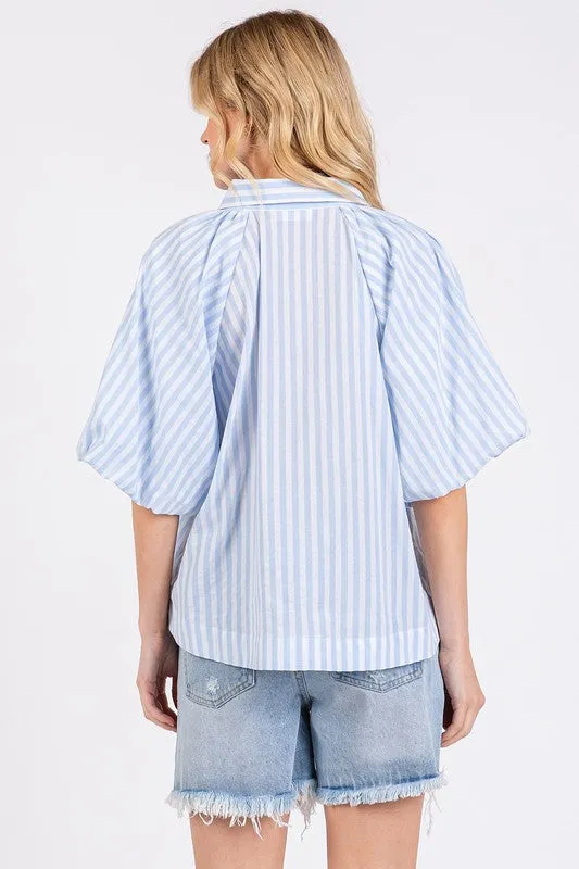 Button Down Striped Puff Sleeve Shirt For Women – Fashionable Puff Sleeve Top with Classic Vertical Stripes and Tailored Structure