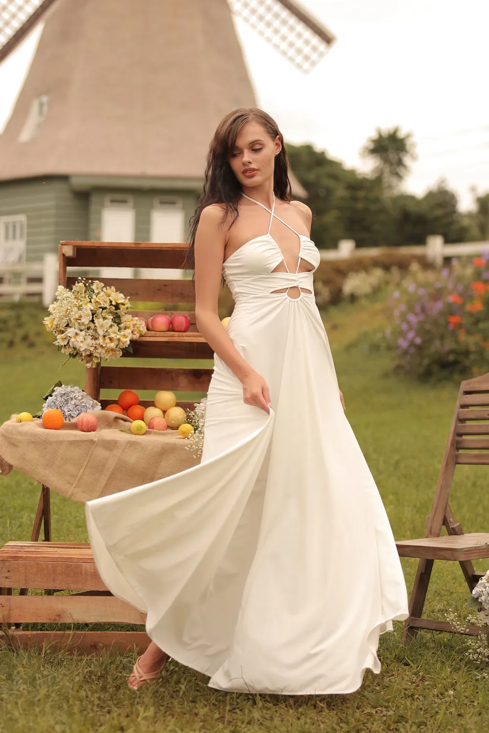 CAPUCINE Tie Front Multiway Halter Stretch Maxi Dress (White)