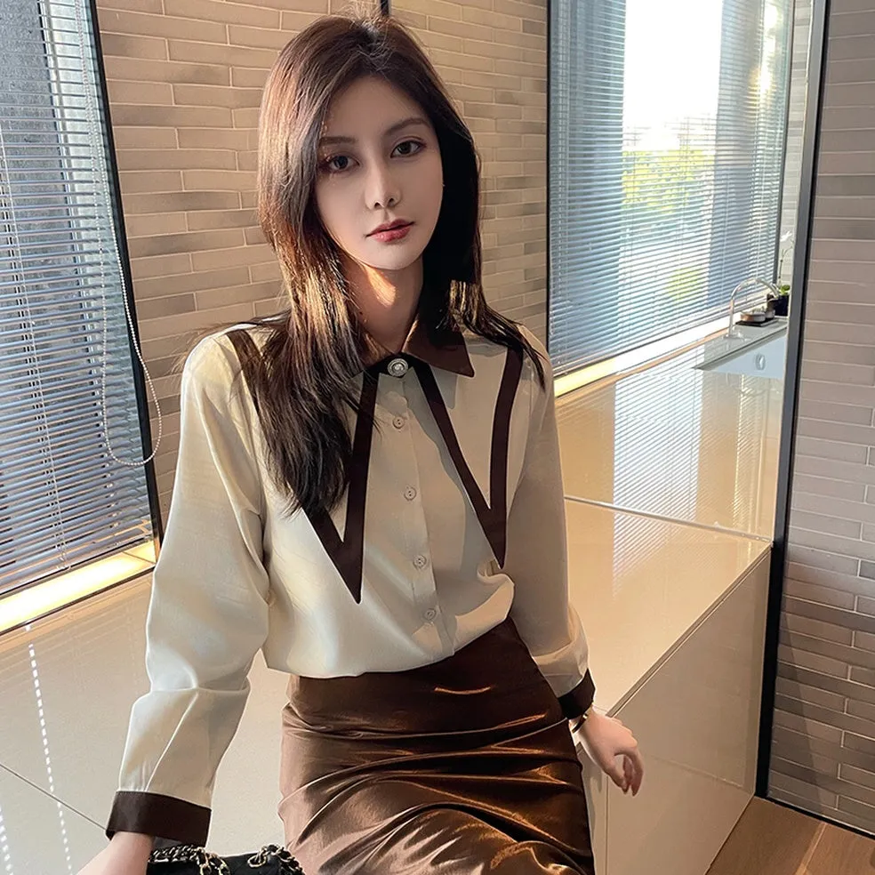 Casual Blouse with Patchwork Design and Long Sleeves for Women
