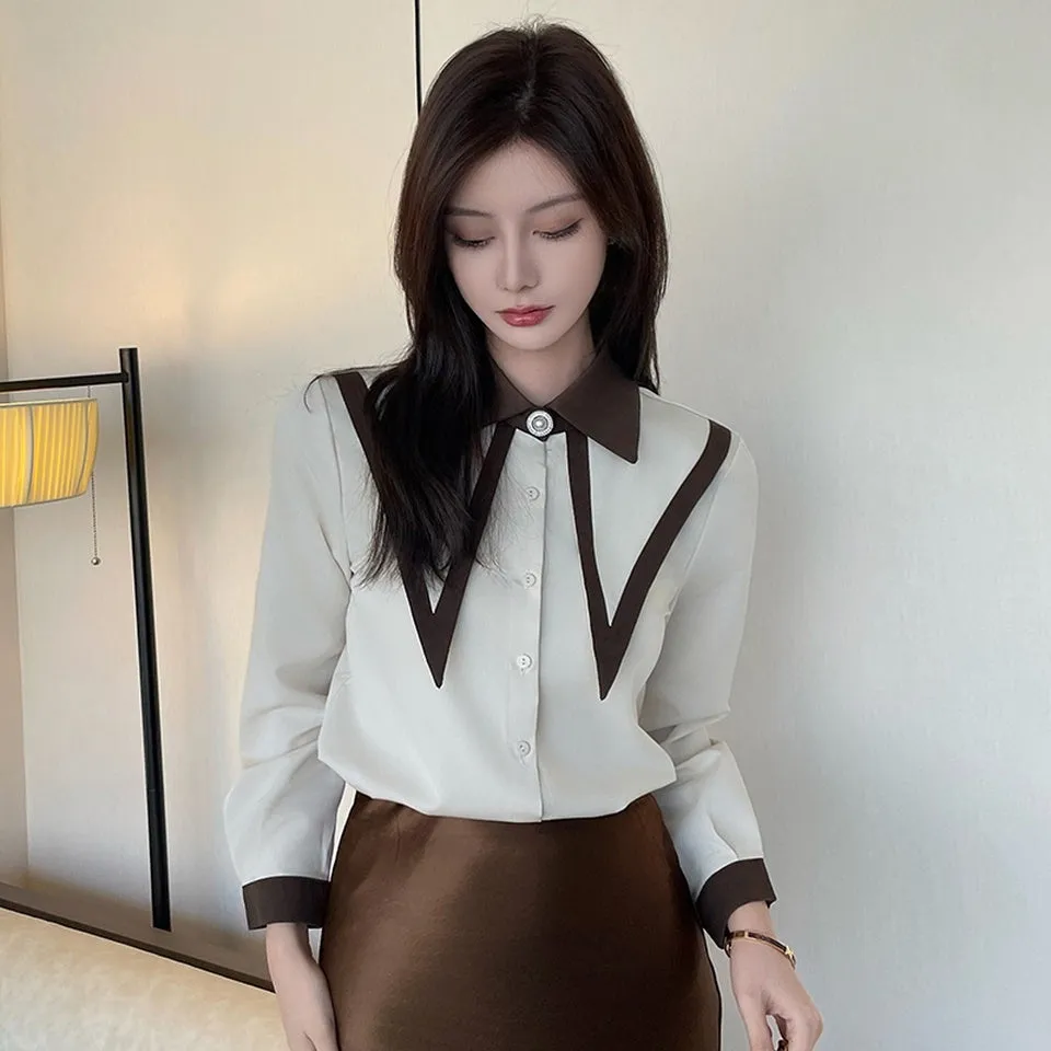 Casual Blouse with Patchwork Design and Long Sleeves for Women