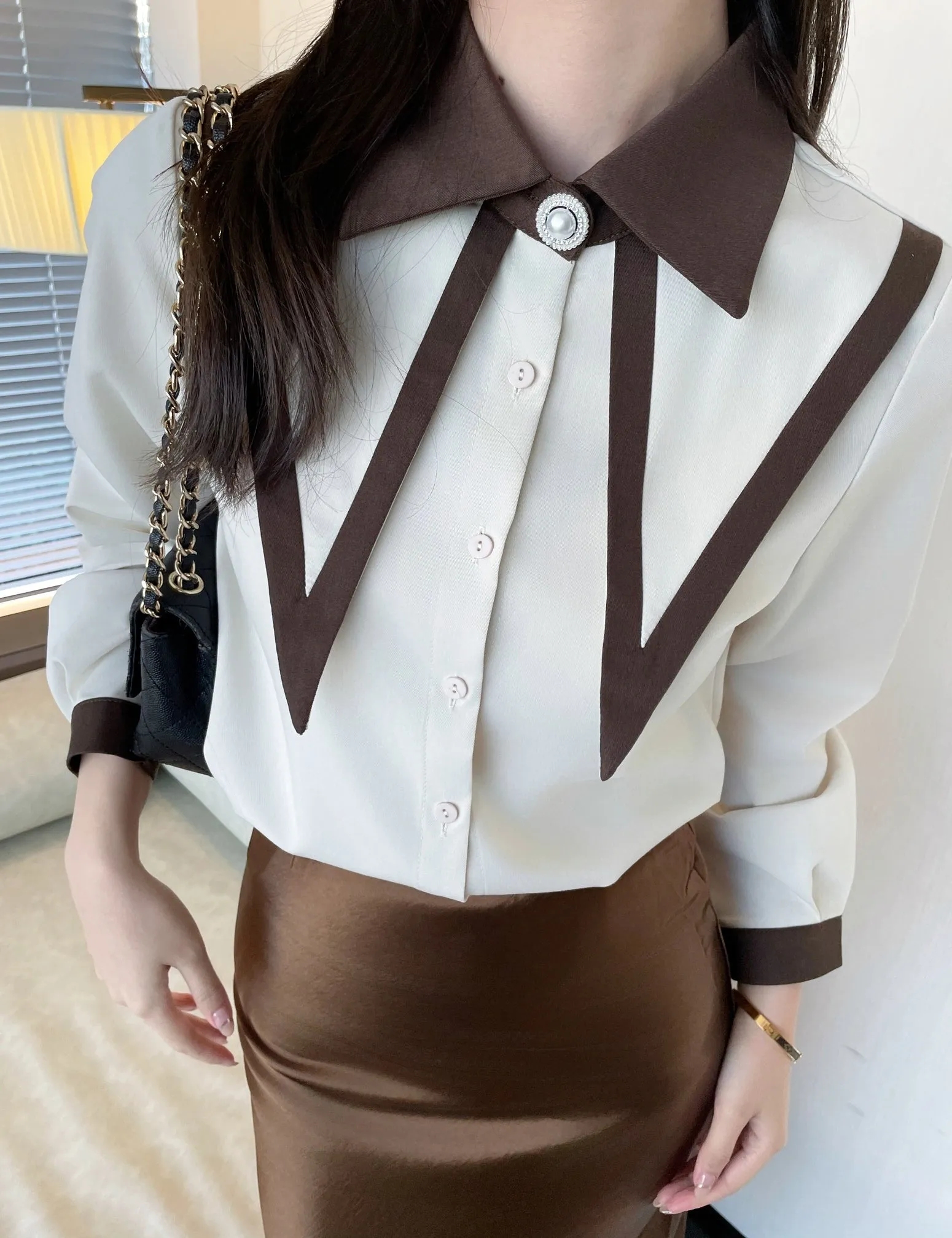 Casual Blouse with Patchwork Design and Long Sleeves for Women