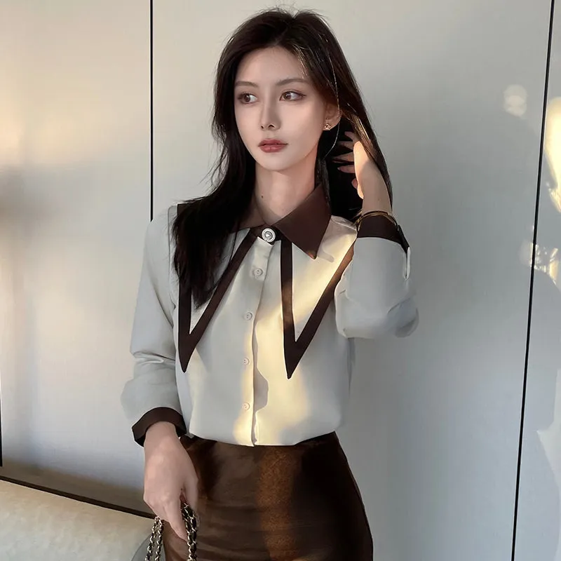 Casual Blouse with Patchwork Design and Long Sleeves for Women