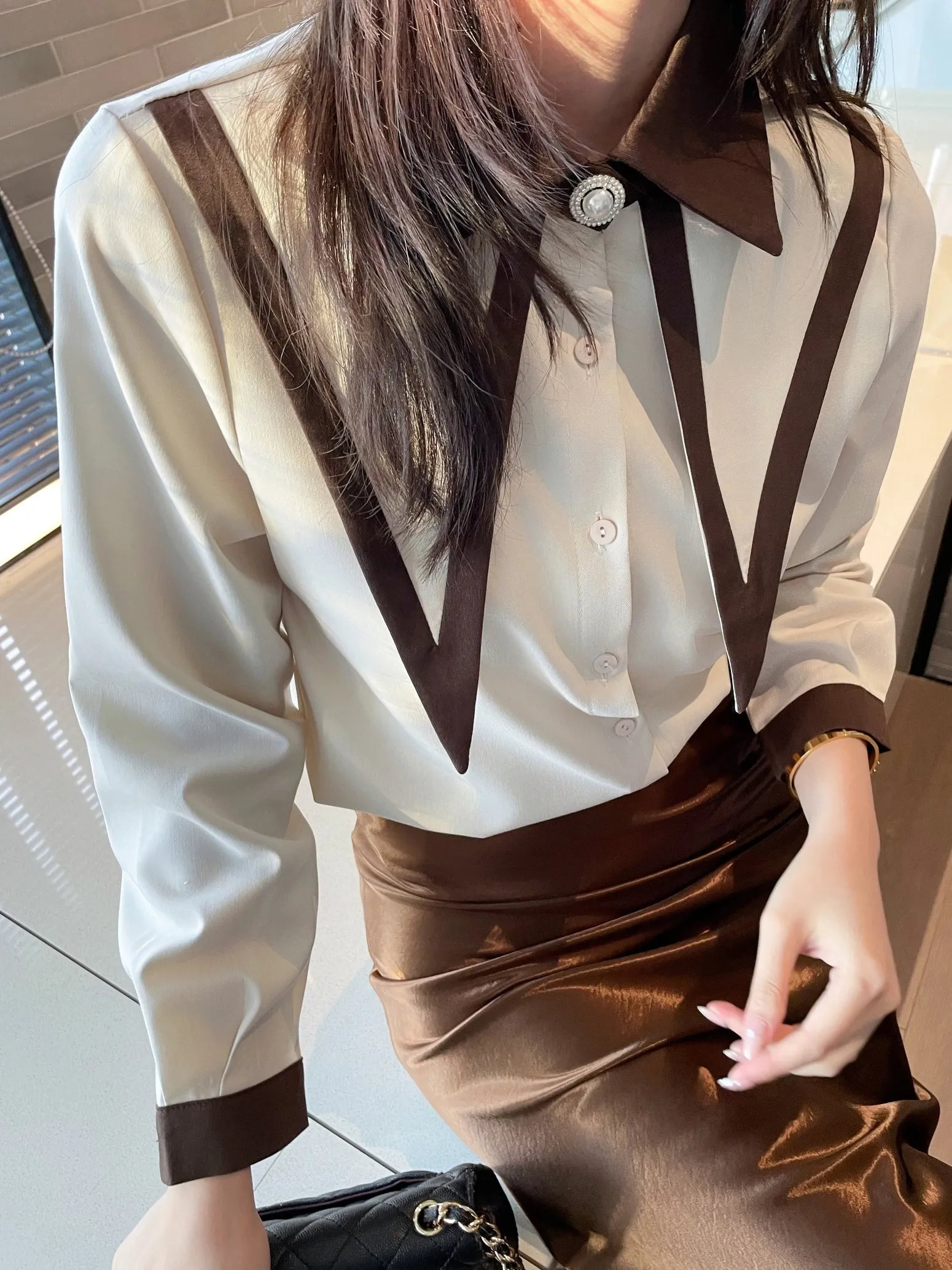 Casual Blouse with Patchwork Design and Long Sleeves for Women