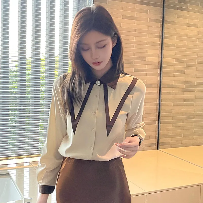 Casual Blouse with Patchwork Design and Long Sleeves for Women