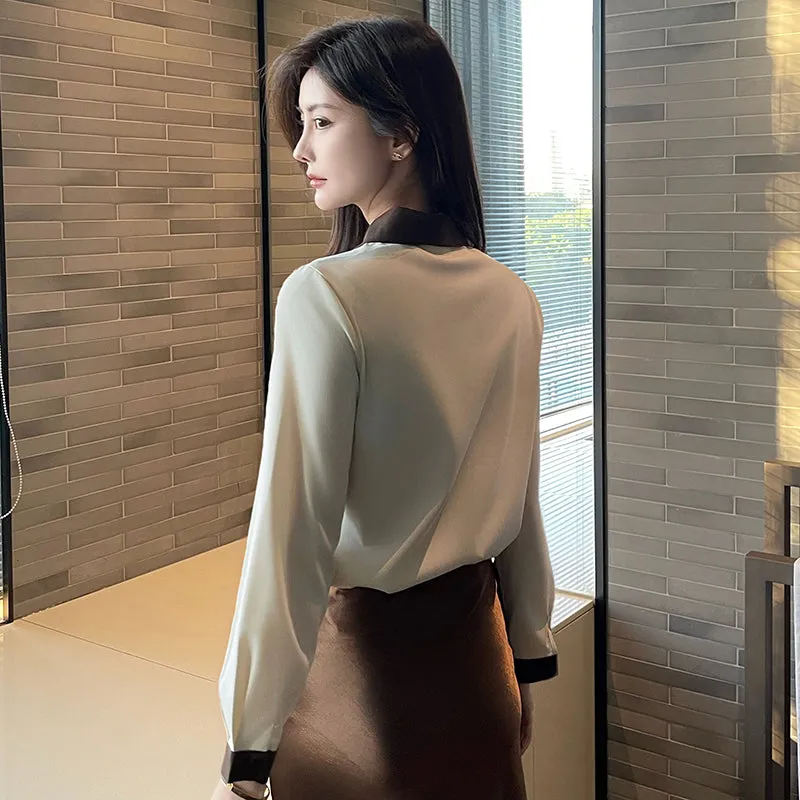 Casual Blouse with Patchwork Design and Long Sleeves for Women