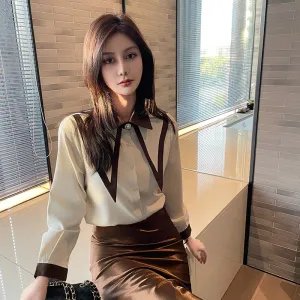Casual Blouse with Patchwork Design and Long Sleeves for Women