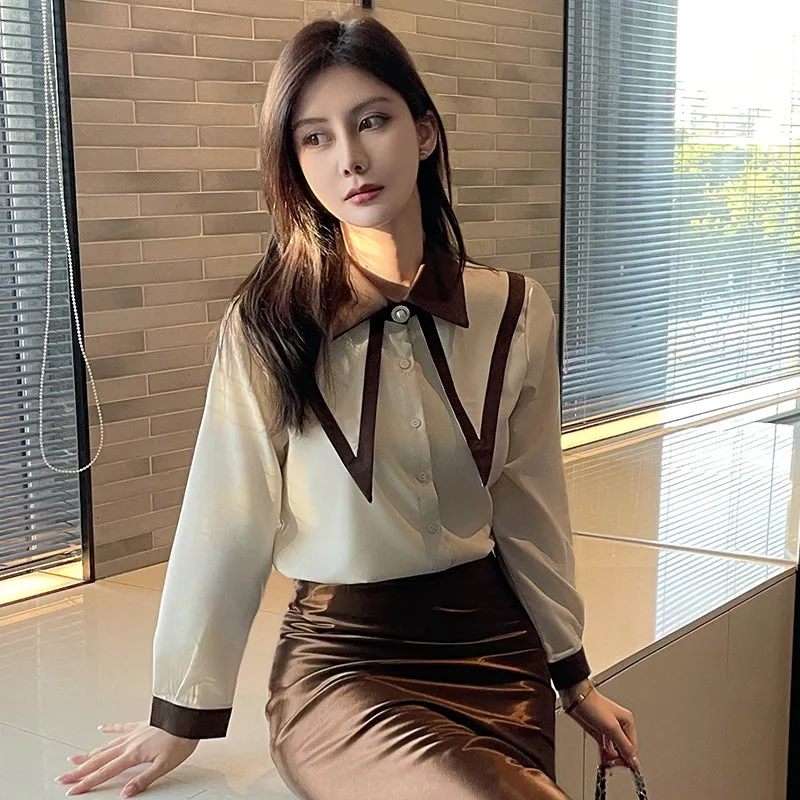 Casual Blouse with Patchwork Design and Long Sleeves for Women