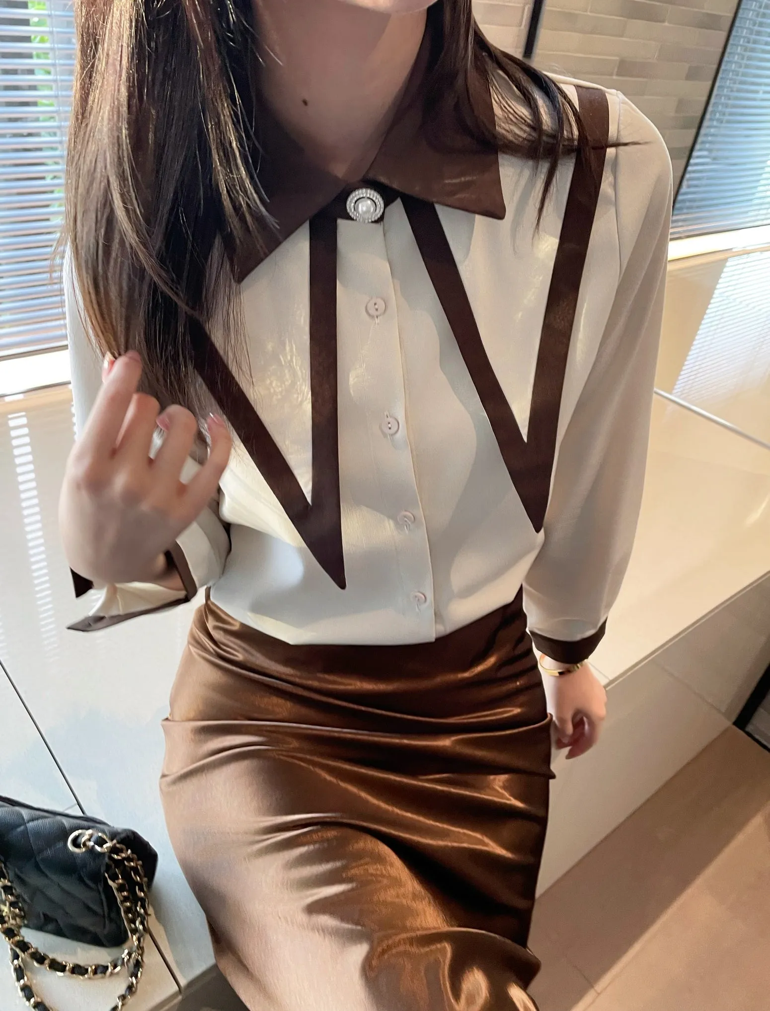 Casual Blouse with Patchwork Design and Long Sleeves for Women
