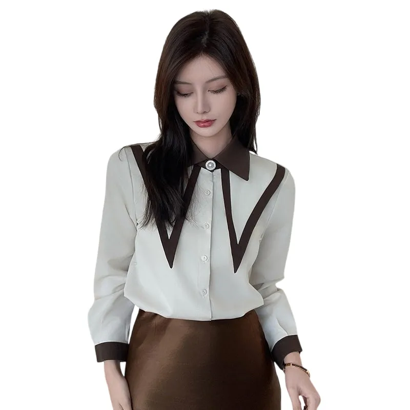 Casual Blouse with Patchwork Design and Long Sleeves for Women