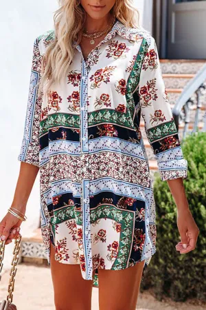 Casual Print Patchwork Turndown Collar Tops