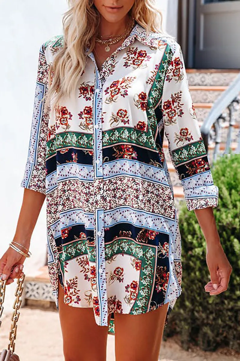 Casual Print Patchwork Turndown Collar Tops