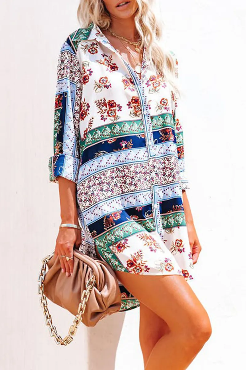 Casual Print Patchwork Turndown Collar Tops