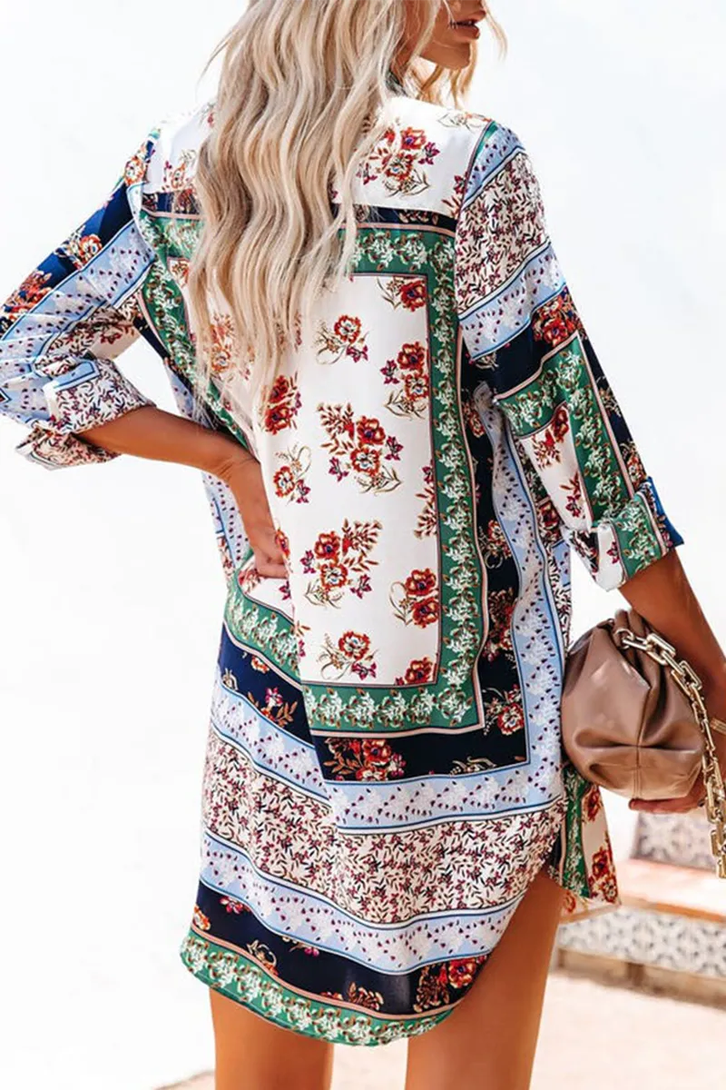 Casual Print Patchwork Turndown Collar Tops