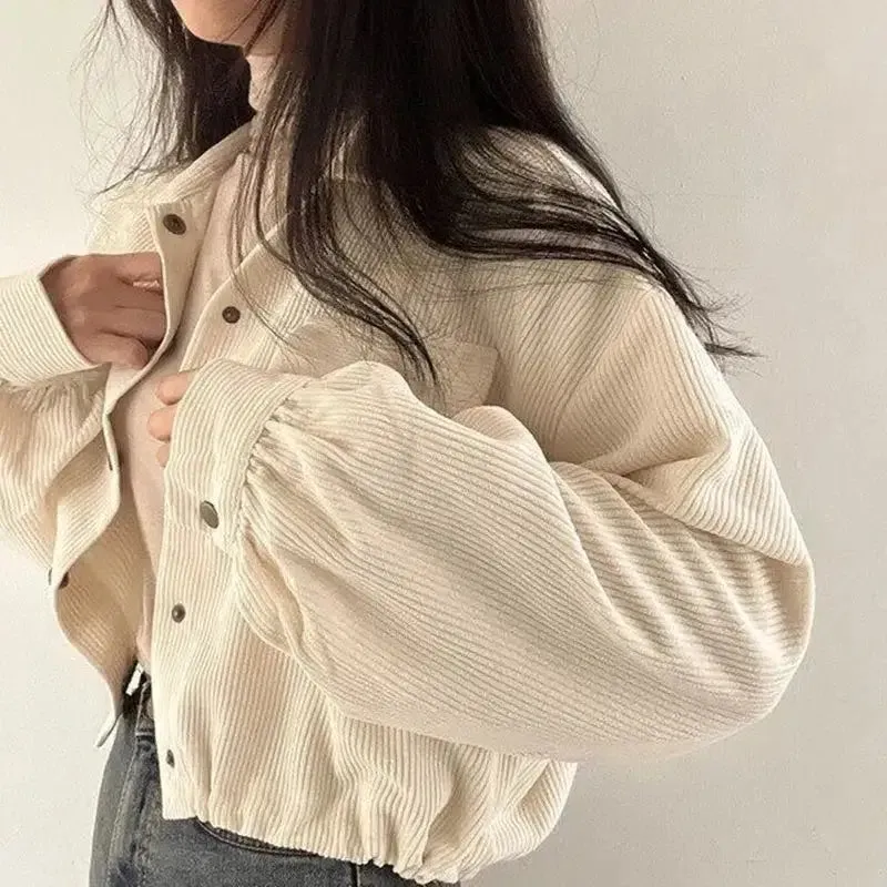 Chic Corduroy Crop Shirt with Adjustable Elastic Waist and Puff Sleeves
