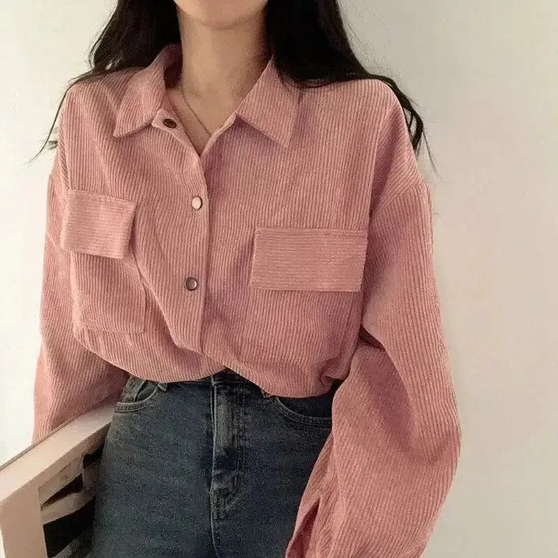 Chic Corduroy Crop Shirt with Adjustable Elastic Waist and Puff Sleeves