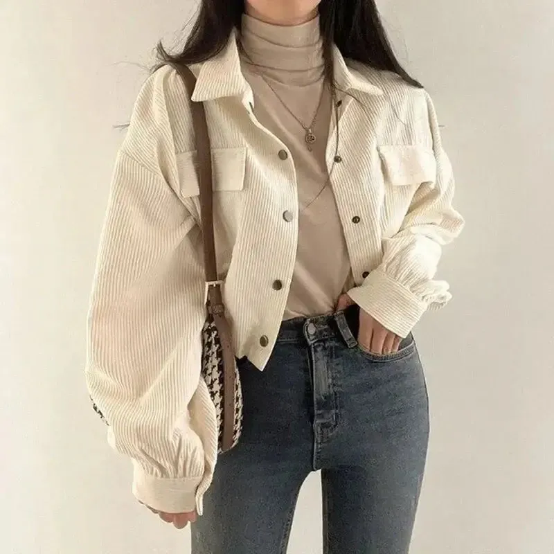 Chic Corduroy Crop Shirt with Adjustable Elastic Waist and Puff Sleeves